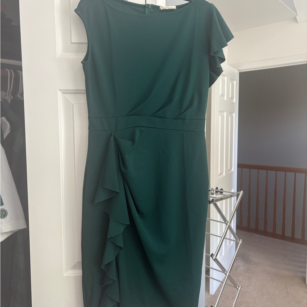 Green Asymmetrical Sheath Dress with Flutter Cap Sleeves